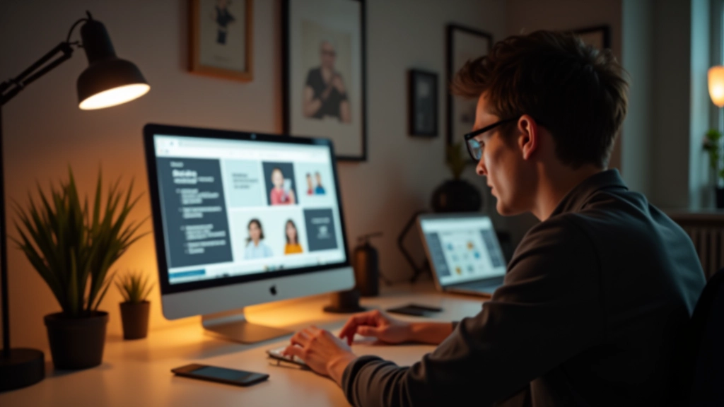 Freelancer werkt aan portfolio website design met inspiratie aan de muur