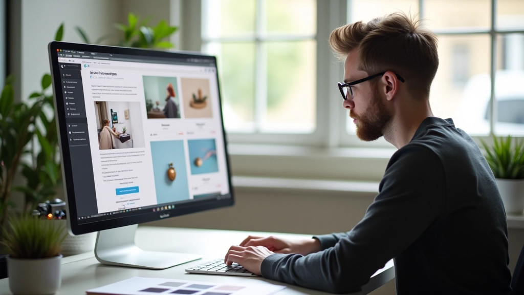 Designer selecteert projecten op computerscherm, notitieblok met sketches ernaast