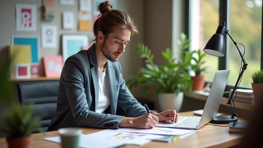 Ontwerp tafel met notities, kleurstalen, en branding mockups