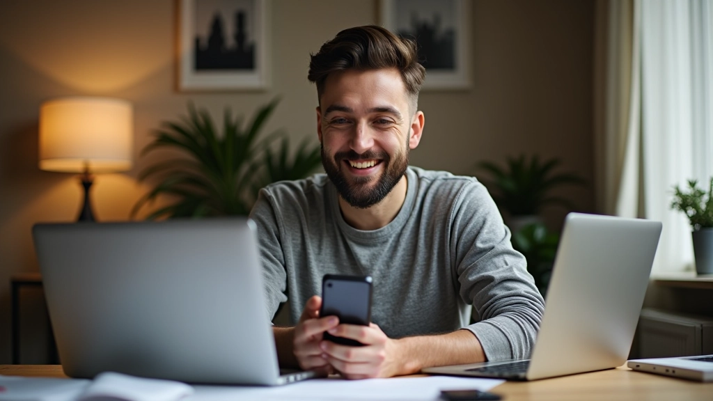 Freelancer controleert portfolio op verschillende apparaten - laptop, tablet en telefoon