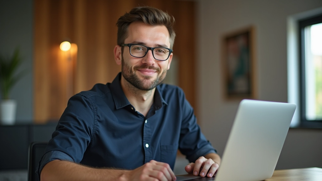 Persoon aan bureau die aan laptop werkt, video conference of messaging app zichtbaar